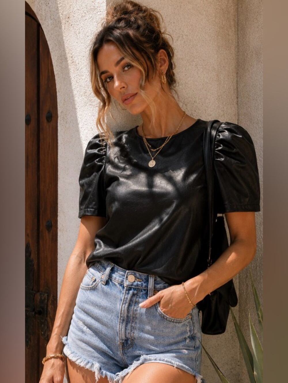 Midnight Muse Faux Leather Puff Sleeve Top